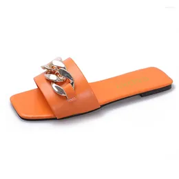 Slippers Women Summer Ladies Square Toe Flat Outdoor Slides Fashion Metal Decoration Female Shoes Open Beach Lady Shoes35-42