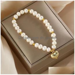 Chain Natural Pearl Bracelet Women Elegant Sweet Gold Love Heart Charm Beaded Bracelets Girls Fashion Jewelry Drop Delivery Dhsyv