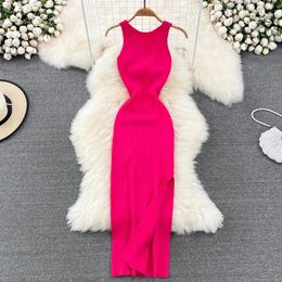 YuooMuoo Women Dress Sexy Wrap Hips Two Sides Available Split Long Dress Fashion Knot Knitted Bodycon Party Robe Femme 240202