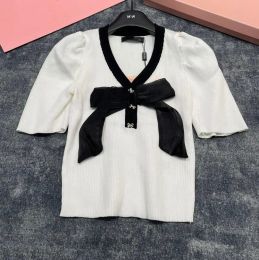 Kadınlar Tişört Tasarımcı Gömlekleri Üstler Kadın Bow Giysileri Kadın Siyah Beyaz Örgü Tees Pamuk Moda Kadın Giyim Kadın Kısa Kollu Tshirt