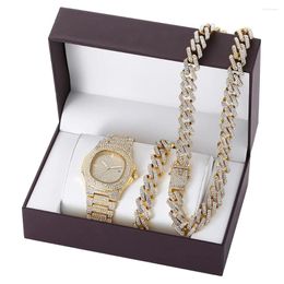 Wristwatches 2024 Luxury 3pcs/set Men Watch Set Gift Box Hip Hop Cuban Chain Iced Out Necklace Bracelet Rhinestones Bling Jewelry For