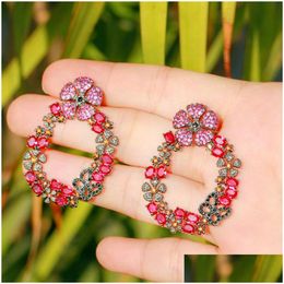 Charm Exquisite Lady Crystal Flower Diamond Earring Designer For Woman Dancing Party Red Aaa Cubic Zirconia Copper Luxury Noble Wome Dhpnq