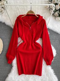 Casual Dresses Fashion Red Hooded Sweater Dress Women Solid Colour Half Zippers Long Sleeve Knitted Bottoming Simple Ladies