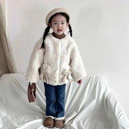 Down Coat Korean Style Autumn Winter Baby Girls Fur Coats Versatile White Parkas With Bownkont Decorated Pockets Kids Warm Outwears