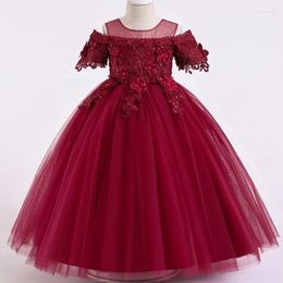 Girl Dresses Red Flower Dress Lace Tulle Puffy Short Sleeve With Bow Princess For Wedding Party Cute First Communion Ball Gowns