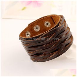 Bangle Wide Weae Braid Leather Cuff Mtilayer Wrap Button Adjustable Bracelet Wristand For Men Women Fashion Jewellery Black Drop Deliv Dhnpw