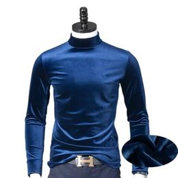 Turtleneck Velvet Tops Men Long Sleeve T Shirts Solid Color 2024 spring Autumn Velour TShirts Plus size Basic Shirt M7XL 240129