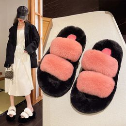 Autumn and Winter Wearing Korean Thick Sole Rabbit Hair Plush Slippers for Women 240118
