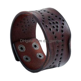 Bangle Wide Hollow Leather Cuff Button Adjustable Bracelet Wristand For Men Women Fashion Jewelry Drop Delivery Bracelets Dhvwx