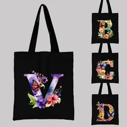 Shopping Bags Flower Letter Black Canvas Handbag Casual Large Capacity Environmental Friendly Bag Customization