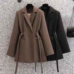 Fashion Women Blazer Lapel Brown Pocket Long Sleeve Loose Jacket Spring Autumn Designed Office Suits Coat Female 240202