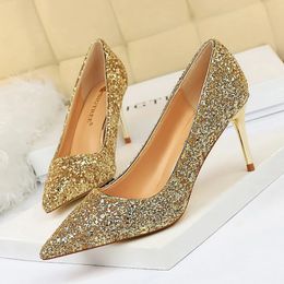 Women 7cm 9.5cm High Heels Bling Pumps Wedding Bridal Scarpins Sparkly Heels Lady Party Sequins Nightclub Evening Gold Red Shoes 240130