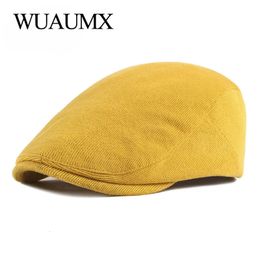 Wuaumx Spring Autumn Berets Hat Men knitting Visor Cap Casual Fashion Women Beret Solid Yellow Blue Peaked Flat Cap Duckbill Hat 240124