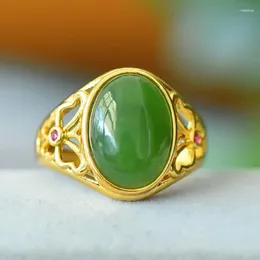 Cluster Rings Grade A Green Jade Women Healing Gemstone Fine Jewellery Genuine Hetian Jades Nephrite Ruby Hollow Butterfly Ring Adjustable