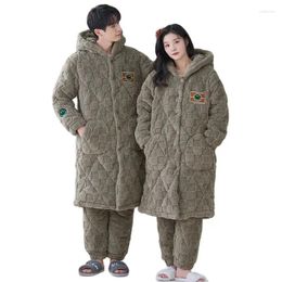 Women's Sleepwear High Quality Couple Robe Winter 3 Layer Clip Cotton Long Bathrobe Pant Hooded Home Clothing Thick Warm Men And Women