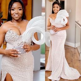 Aso Ebi Ivory Mermaid Prom Dress Beaded Pearls High Split Evening Formal Party Second Reception Birthday Engagement Gowns Dresses Robe De Soiree ZJ