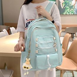 School Bags Kawaii Pendant Backpack For Female Students Multi Pocket Nylon Women Green Knapsack Cartoon Print Teenage Girls Rucksacks