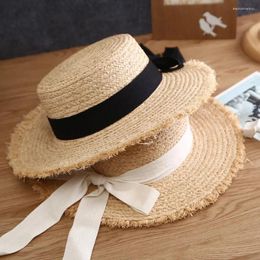 Wide Brim Hats Summer Sun Hat Bow Raffia Visor Women's Panama Straw Beach UV Blocking