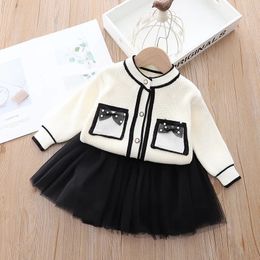 Children's set Autumn Girls Fashion Small incense wind Bow Knitted Sweater Cardigan set skirt Toddler Baby Girl Clothes Winter 240131