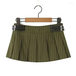 Skirts YENKYE 2024 Y2K Green Pinstriped Pleated Mini Skirt For Women Sexy Faux Leather Buckle Belt Low Waist Summer