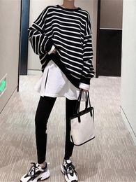 Fashion Womens Sweaters Autumn Winter LOOSE Leisure Knitwears O-Neck Long Sleeve Top Streetwear Stripe Pullovers 240202