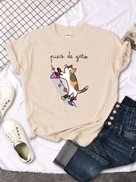 Women's T Shirts Cat Rock Climbing Cute Print T-Shirt Womens Kawaii Cartoon Graphic Tops Females Korean Fashion Oversize Harajuku Girls