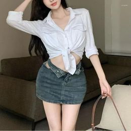 Women's T Shirts Sweater Cardigan Korean Style Bottoming Shirt Lace-up Polo Collar Girl Pure Desire Top For Women