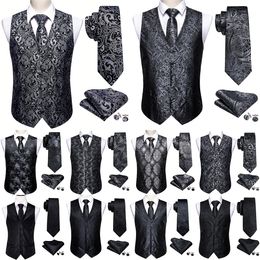 Elegant Menss Vest Silk Black Silver Pasley Floral Dress Suit Waistcoat Tie Bowtie Set Sleeveless Jacket Formal Barry Wang 240119