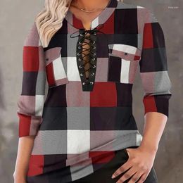 Women's T Shirts ArrivalsIndependent Designs Vintage Versatile Plaid Print Casual Tops Fashion Wear Tie Stand Collar Pockets S