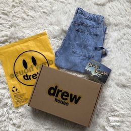 Drew Smiling Face Trendy Brand Broken Hole Washed White Jeans American High Street Straight Leg Casual Long Pants for Men