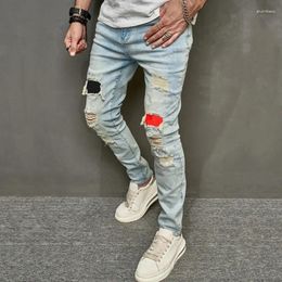 Men's Jeans Streetwear Distressed Autumn Casual Ripped Patchwork Small Feet Pencil Pants Youth Slim Fit Stretch Denim Trousers