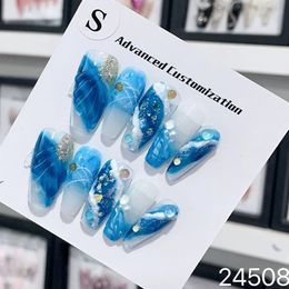Handmade Y2k Press on Nails Korean Blue Hand Paint Design Reusable Adhesive False Nails Full Cover Long Coffin Acrylic Nail Tips 240129