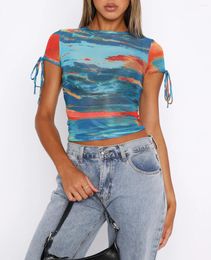 Women's T Shirts Fashion Womens Summer Skinny Crop Tops Short Sleeve O Neck Tie Dye Print T-Shirts Club Street Style S M L