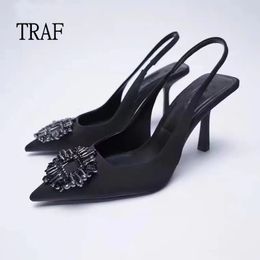 TRAF Black Women Pumps Shoes Fashion Rhinestone High Heels Female Sandals Stiletto Pointed Toe Weddings Bridal Shoes Lady 240118