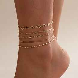 Anklets IngeSight.Z 5pcs/set Vintage Copper Beaded Box Chain Anklet For Women Punk Gold Colour Metal Heart Foot Set Beach