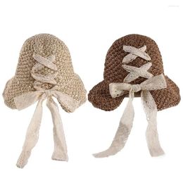 Wide Brim Hats Woman Travel Fashion Sun Visor Sunscreen British Style Flat Hat Beach Cap Bowknot Weave Straw Top