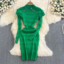 Casual Dresses Autumn Chic Knitted Dress For Women Half High Collar Female Sheath Long Sleeve Beading Ladies Vestidos De Mujer Dropship