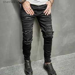 Men's Jeans New Men Holes Patch Skinny Pencil Jeans Pants Male High street Stylish Ripped Solid Slim Hip Hop Denim Trousers T240205