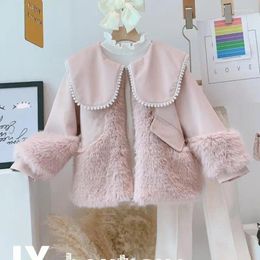 Jackets 2024 Children Girls Wool Stitching Coat Warm Autumn Fur Winter Fashion Simple Cute Kids Clothing Outfits TY19