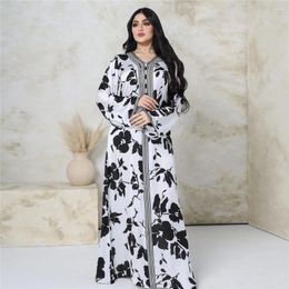 Ethnic Clothing Ramadan Abaya Women Muslim Floral Print V-neck Maxi Dress Turkey Arabic Kaftan Islamic Eid Party Gown Dubai Jalabiya Caftan