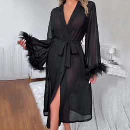 Women's Sleepwear Women Fashion Bathrobe Lacing Up Sexy Lingerie Tulle Underwear Dress Floor Length Maxi Dressing Gown Robes Feather Long