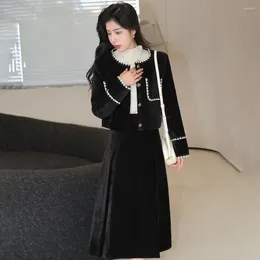 Two Piece Dress High-end Style Elegant Women's Suit Jacket Skirt Set Spring And Autumn Black Short Coat Top Half Long Two-piece