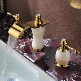 Bathroom Sink Faucets Leading European Antique Marble Double The Three-hole Waterfall Basin Faucet And Cold High-grade Natural Jade Gold