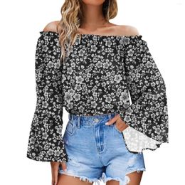 Women's Blouses Off Shoulder Crop Tops Women Summer Black Daisy Floral Print Long Bell Sleeve Pullovers Ruffle Loose Boho Shirts