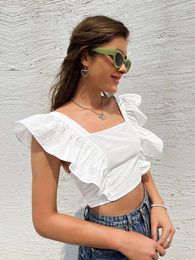 Women's Blouses 2024 Summer Crop Tops Womens Ruffle Sleeveless Square Neck Backless Tie Up And Casual Sexy Elegant Shirts Female