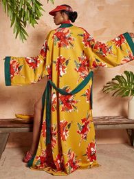 Women's Swimwear EDOLYNSA Boho Printed Long Kimono Dress Bathing Suit Cover-ups Summer Clothing Tunic Women Beach Wear Swim Cover Up A2024