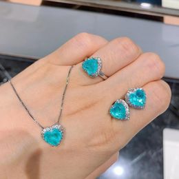 Necklace Earrings Set SoJewelry Heart Shaped Pendant Ear Studs Ring Imitation Paraiba Main Stone 9