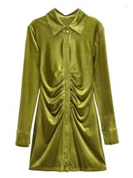 Casual Dresses YENKYE Spring 2024 Women Vintage Green Ruched Velvet Shirt Dress Long Sleeve Lapel Collar Female Short Vestidos