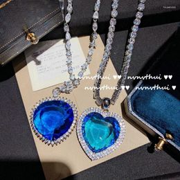 Pendants Blue Heart Of The Sea Necklace Bling Cubic Zirconia 925 Silver Claw Chain Clavicle Pendant For Women Wedding Gift