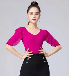 Stage Wear Modern Dance Top Women's Latin Ruffle Edge Middle Sleeve Social Training One Piece Jumpsuit